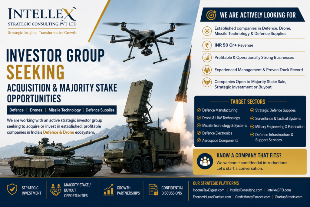 Investor Group Seeking Majority Stake & Buyout Opportunities in India’s Defence & Drone Sector.